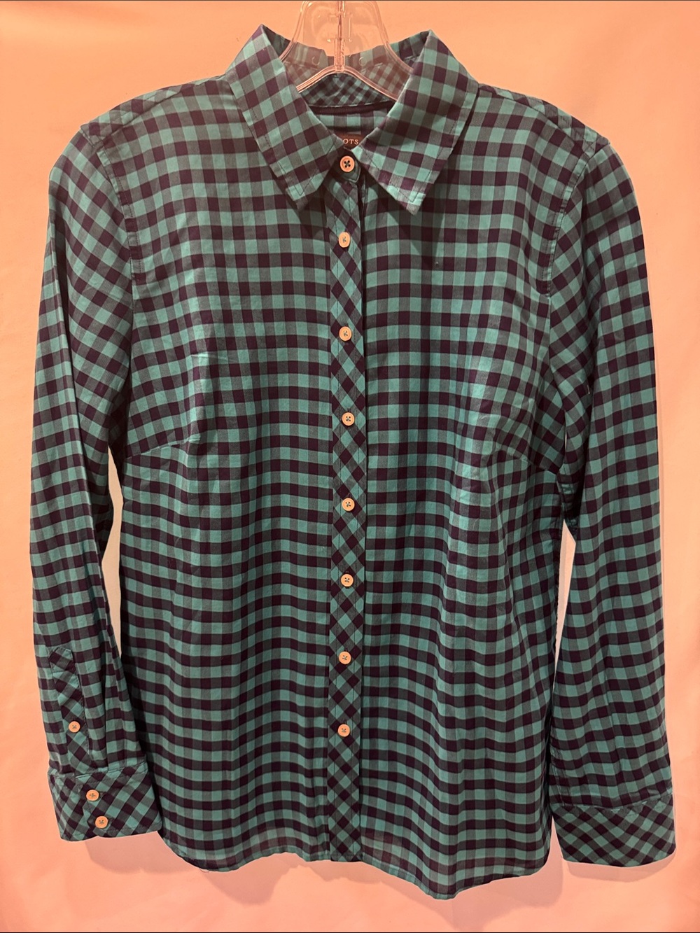 Talbots Teal and Black Gingham Button-Down Shirt Size XS